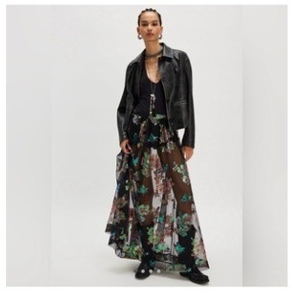 Free People Fioritura Maxi Skirt Black Floral Sequin See Through Size 10 New